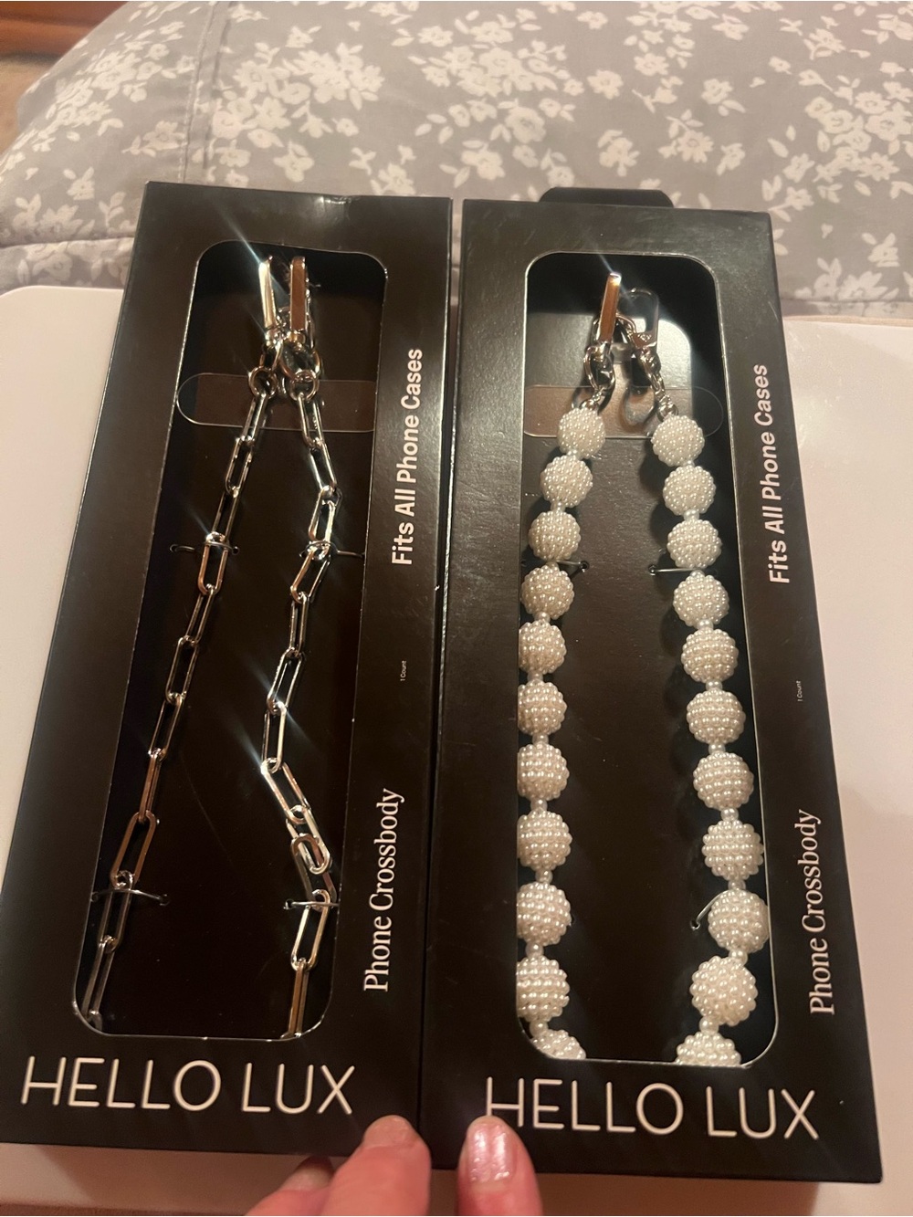 Hello Lux 2 Phone 51.2” Crossbodys, paper clip chain & berry pearl beads, new